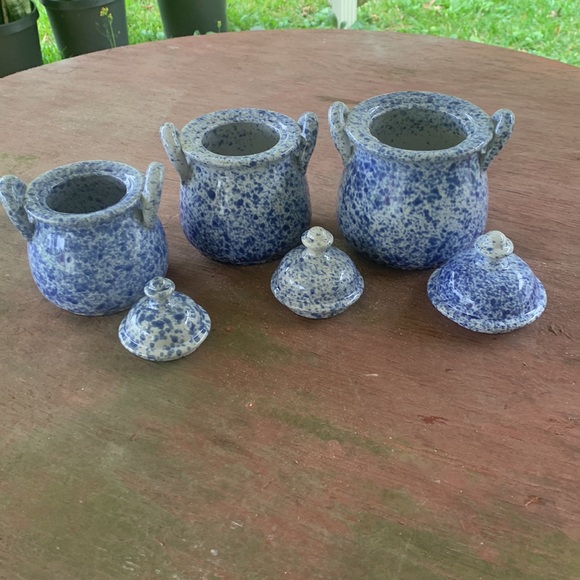 Vintage Blue Speckled Stoneware Lidded Bean Jar Set of 3 - Picture 2 of 8